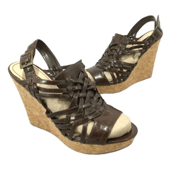 Enzo Angiolini Strappy Espadrille Wedge Sandals Muffin Brown Patent Leather 8.5 - Picture 1 of 14